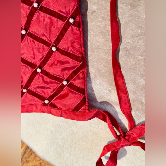 Burgundy Red Velvet & Pearl CrissCross Embroidered Christmas Stocking Maximalist - Picture 7 of 10